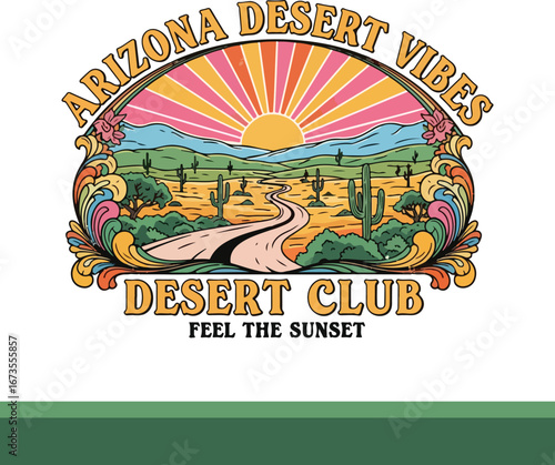 A retroinspired arizona desert landscape with cacti, sunset, and vintage vibes, evoking a sense of travel and desert club culture