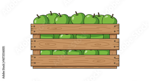 A crate filled with green apples showing wood grain and circular fasteners
