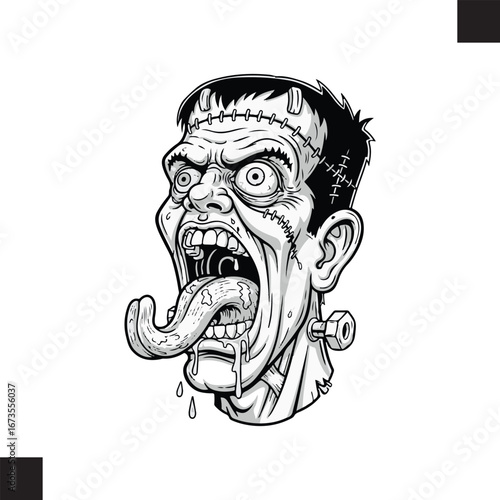 Frankensteins monster head with grotesque expression, tongue out, a classic horror icon for halloween and spooky designs, in vintage comic style