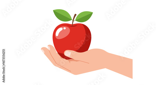A red apple is held aloft in an outstretched hand
