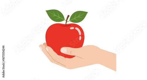 A red apple with two green leaves is held in a fairskinned hand isolated on a white background