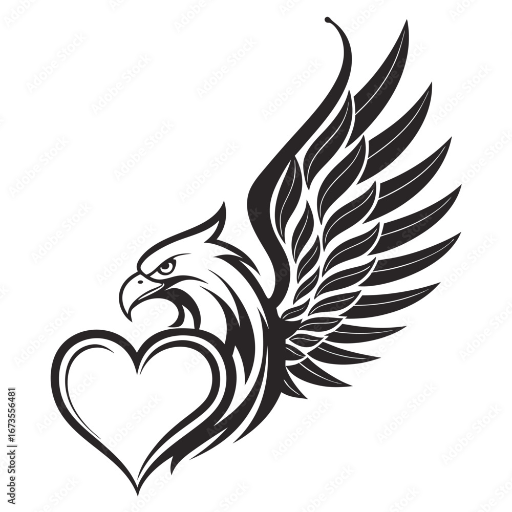 Fototapeta premium Majestic eagle embracing a heart with tribal wings tattoo design inspiration