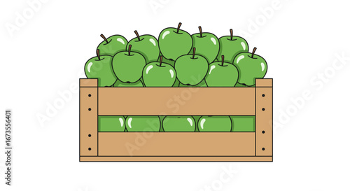 A wooden crate brimming with green apples creating a colorful bountiful harvest scene