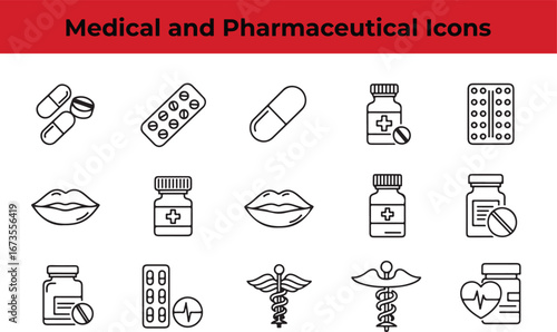 Medical and pharmaceutical icons featuring symbols of medicine, health, and treatment, representing various aspects of healthcare and pharmaceutical industry