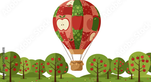 An applethemed hot air balloon floats above apple trees in a field