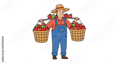 An illustrated farmer carrying apples in baskets using a shoulder pole