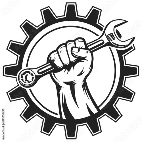 Strong fist holding wrench in front of cogwheel symbolizing mechanical power and industry