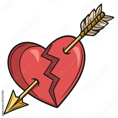 Broken heart pierced by cupid's arrow symbolizing love loss and heartbreak
