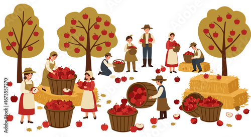 Apple orchard harvest scene with people trees baskets and hay bales