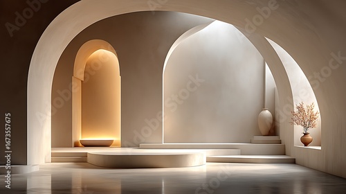 Cream color podium with curved arch backdrop, illuminated by soft studio light, left blank wall for headline placement, perfect minimalist background for luxury product or lifestyle showcase.