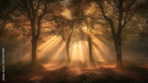 Golden Sunlight Beams Through Misty Autumn Forest