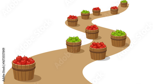Baskets of red and green apples line a winding brown path