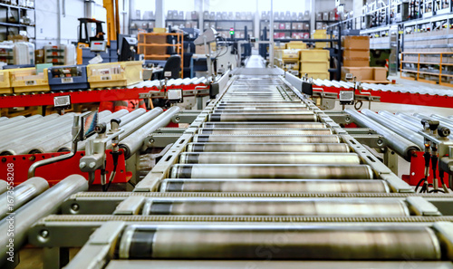 logistic warehouse. packing line in a logistics warehouse. conveyor belt in a modern production line