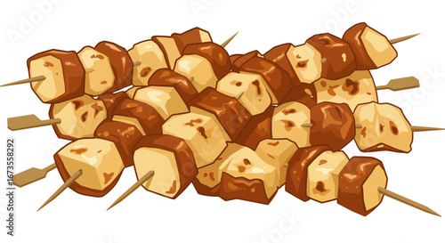 Cubed meat skewers with pale cubes alternating with brown glossy ones on wooden sticks