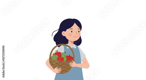 Girl holds apple basket wears blue dress smiling expression