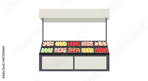 Fruit stand with various apple slice colors and a cover
