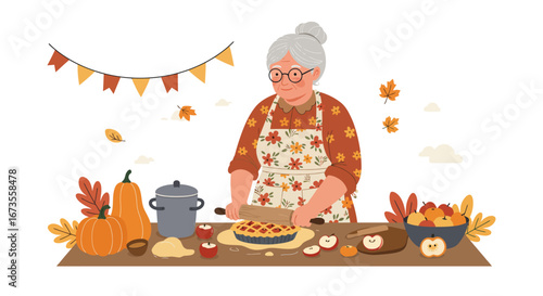 Grandma rolls pie crust amidst fall décor pumpkins apples leaves