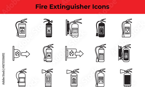 Fire extinguisher icons, a set of safety equipment symbols for emergency situations, protection, and fire prevention in various designs and styles