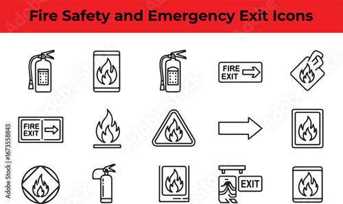 Fire safety and emergency exit icons a comprehensive set of symbols for fire prevention, evacuation, and safety measures in buildings and public spaces