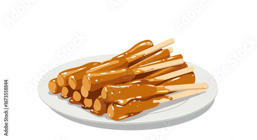 Satay skewers sit on a white plate glistening with a rich brown sauce