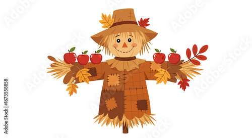 Scarecrow wearing a hat holding apples and surrounded by leaves