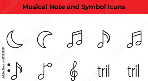 Collection of musical note and symbol icons handdrawn style for music education, composition, and performance projects, representing various music elements