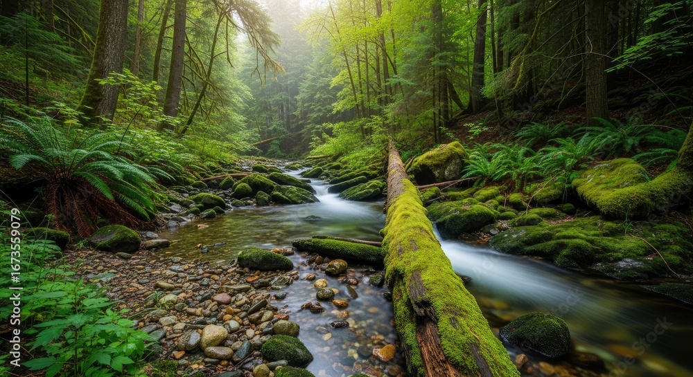Fototapeta premium Tranquil forest stream with mossy logs and vibrant green ferns under soft sunlight in a lush woodland