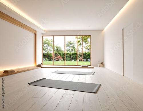 Empty yoga studio with garden view