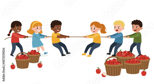 Six kids tugofwarring vying for apple baskets