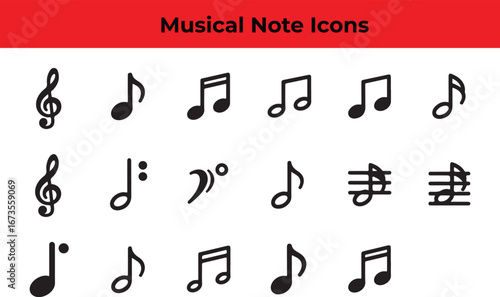 Collection of musical note icons simple black line art symbols for music, melody, and sound design, perfect for web, print, and branding