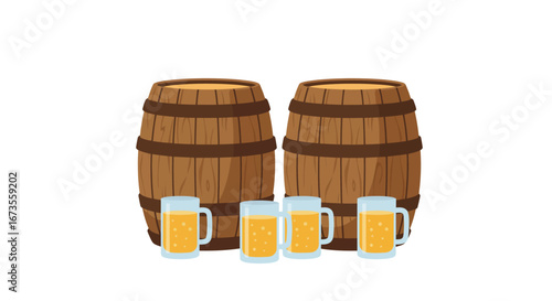 Two barrels are shown with four clear beer mugs filled with amber liquid lined up in front