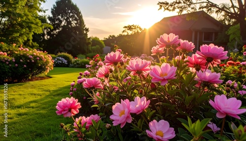 Wallpaper Mural Sunset Garden with Blooming Pink Peonies and Rustic Barn. Torontodigital.ca