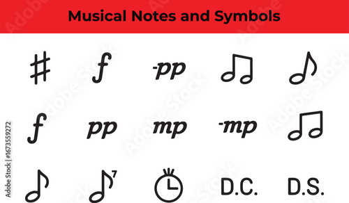 Musical notes and symbols, a vector set of musical notation icons for graphic design, art, melody, harmony, rhythm, and musical performance