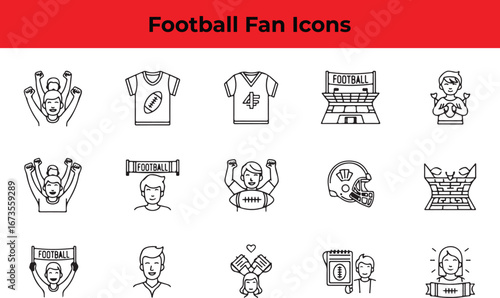 A collection of football fan icons showing supporters, jerseys, stadiums, and other related elements