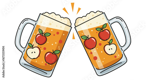 Two mugs of apple cider decorated with whole and halved apples are clinking together with orange flashes above them