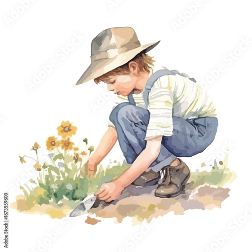 A Child Gardener in a Watercolor Style Working in a Sunny Meadow