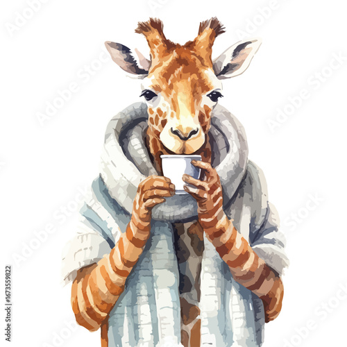 A Giraffe Enjoying Coffee Wrapped in a Cozy Oversized Scarf