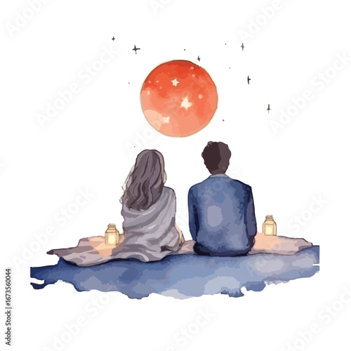 A Romantic Couple Gazing at a Blood Moon on a Night Out