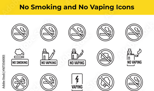 No smoking and no vaping icons a set of prohibition symbols for cigarettes and ecigarettes, promoting smokefree environments and health awareness