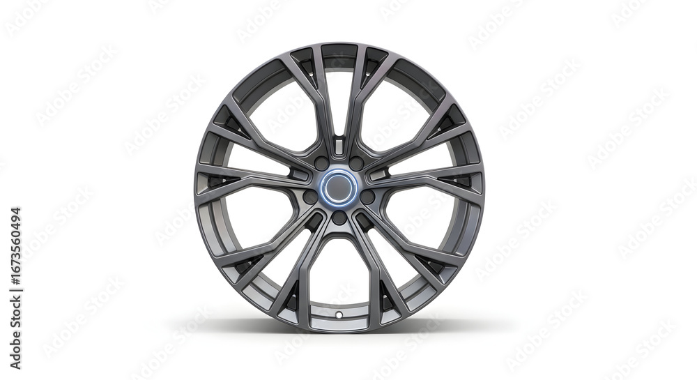 Obraz premium Sleek car rim symbolizing automotive style and precision engineering isolated on clean white