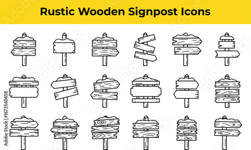 Rustic wooden signpost icons a set of vector icons representing various types of rustic wooden signposts for wayfinding and directions