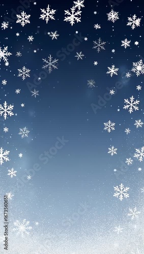White snowflakes forming a decorative border on a blue gradient background with empty center space, perfect for winter holiday cards, seasonal banners, or festive designs.