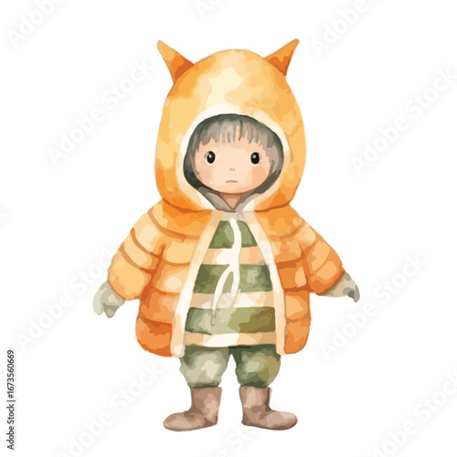 Adorable Child in Orange Hooded Coat with Hornlike Ears Watercolor Style