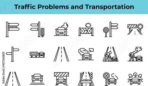 Traffic problems and transportation a set of line art icons depicting road accidents, barriers, and directional signs for use in urban planning and safety designs