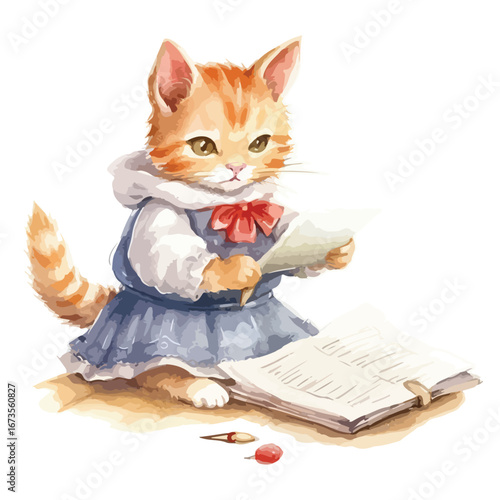 Adorable Ginger Kitten in School Uniform Reading Papers with Pencil and Red Berry