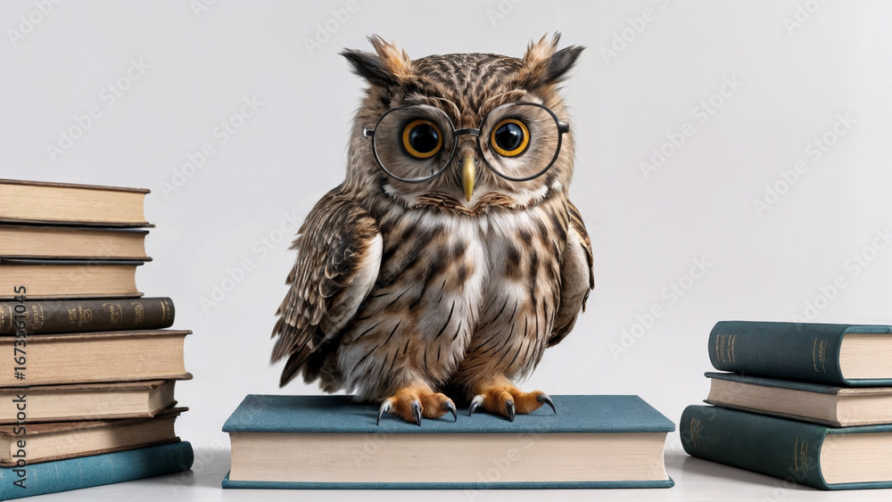 custom made wallpaper toronto digitalWeise Eule mit Brille sitzt auf einem Buch, ruhig und nachdenklich, weise Vogel umgeben von Büchern, vor weißem neutralem Hintergrund. Symbol für Wissen und Weisheit.