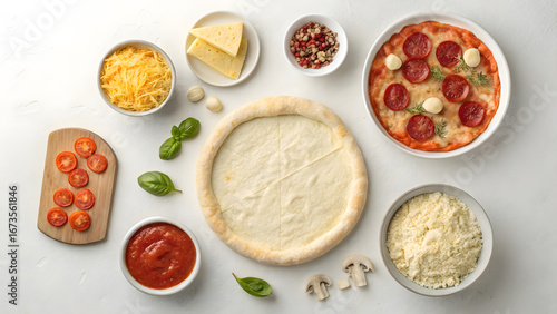 Wallpaper Mural Delicious homemade pizza ingredients and finished pepperoni pizza overhead view Torontodigital.ca