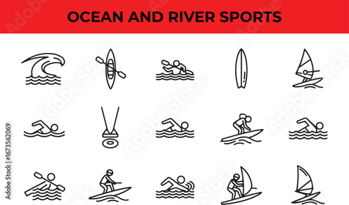 Ocean and river sports icons, featuring kayaking, canoeing, surfing, windsurfing, swimming, and snorkeling, perfect for summer vacation and outdoor recreation
