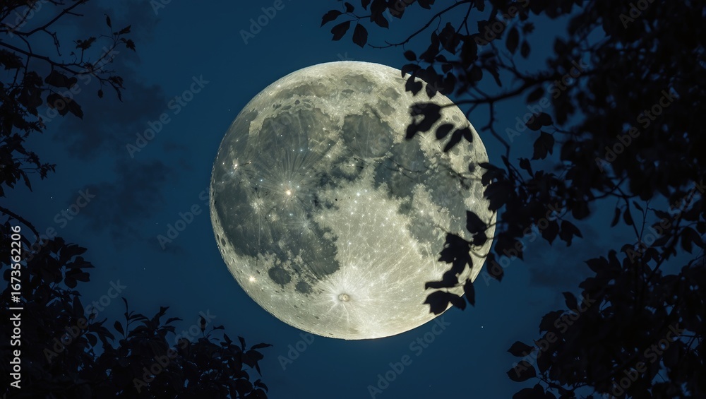 Naklejka premium Full moon in the night sky seen through silhouetted tree branches. Celestial scene with natural moonlight illumination.