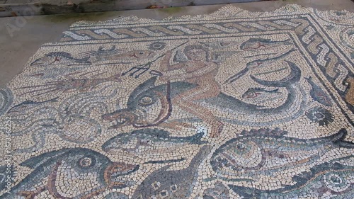 Etruscan mosaic depicting the god of the seas in Luni Etruscan village